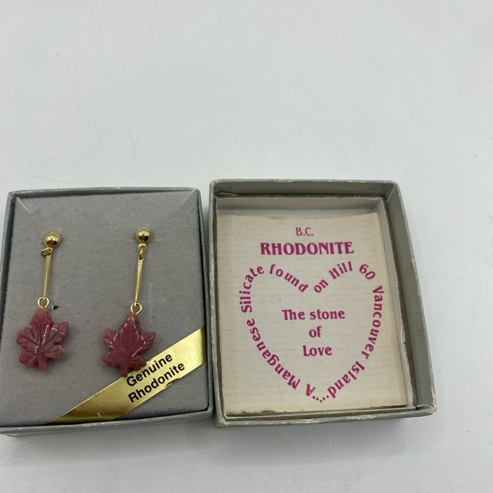Gold Plated earrings with Carved pink Rhodonite leaves 1.5” - Picture 5 of 8